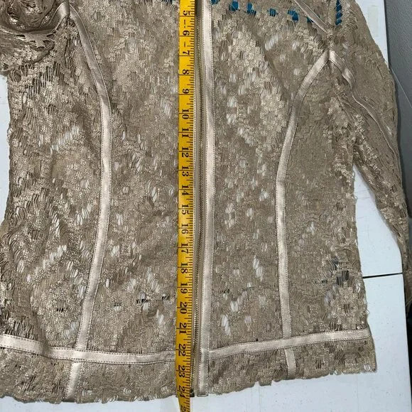 NWT Bagatelle Woman's Golden Metalli Lace Cut Out Zip Up Jacket 100% Poly - Picture 13 of 14